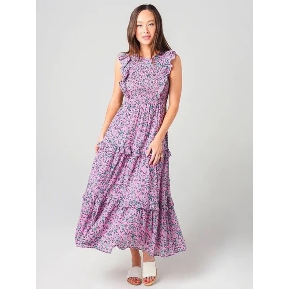 Banjanan Iris Smocked Ruffle Pink Floral Tiered Midi Long Dress